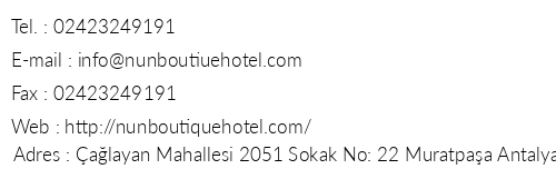 Nun Boutique Hotel telefon numaralar, faks, e-mail, posta adresi ve iletiim bilgileri